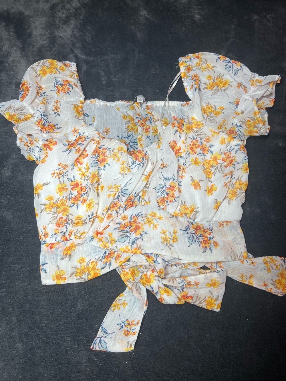 Love Tree White Floral Tie-Front Crop Top with Yellow & Orange Blooms